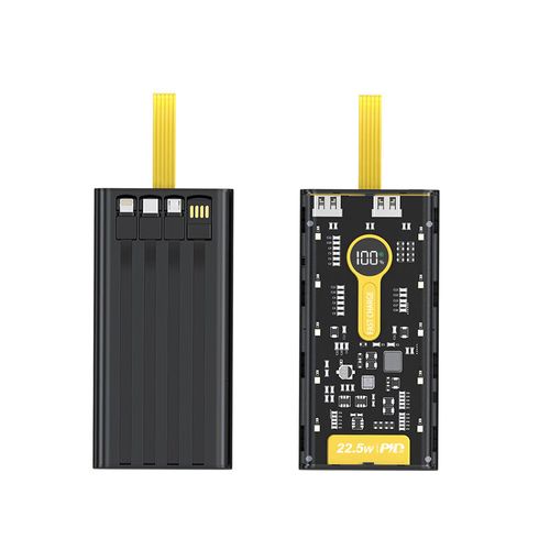 Large Capacity 30000 mAh Power Bank with Integrated Cables And LED light Transparent and Yellow